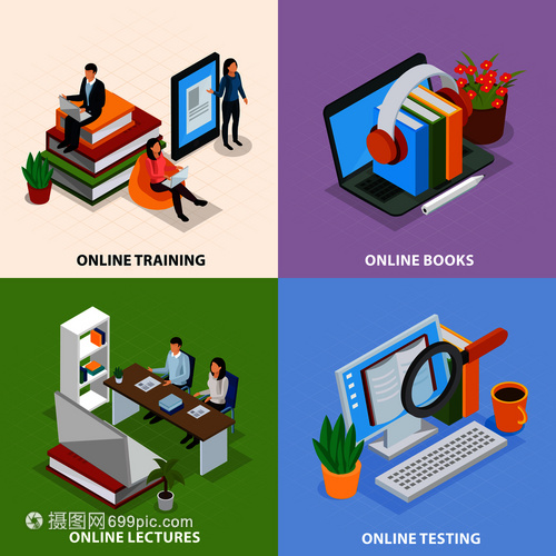 線教育等距理念,網絡培訓,電子書籍,互聯網講座,知識測試孤立矢量插圖線教育等距